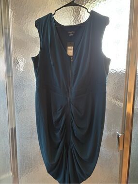 City Chic Teal Zip-Front Ruched V-Neck Midi Dress